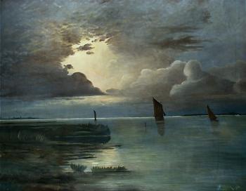 Andreas Achenbach : Sunset at the Sea with Thunderstorm